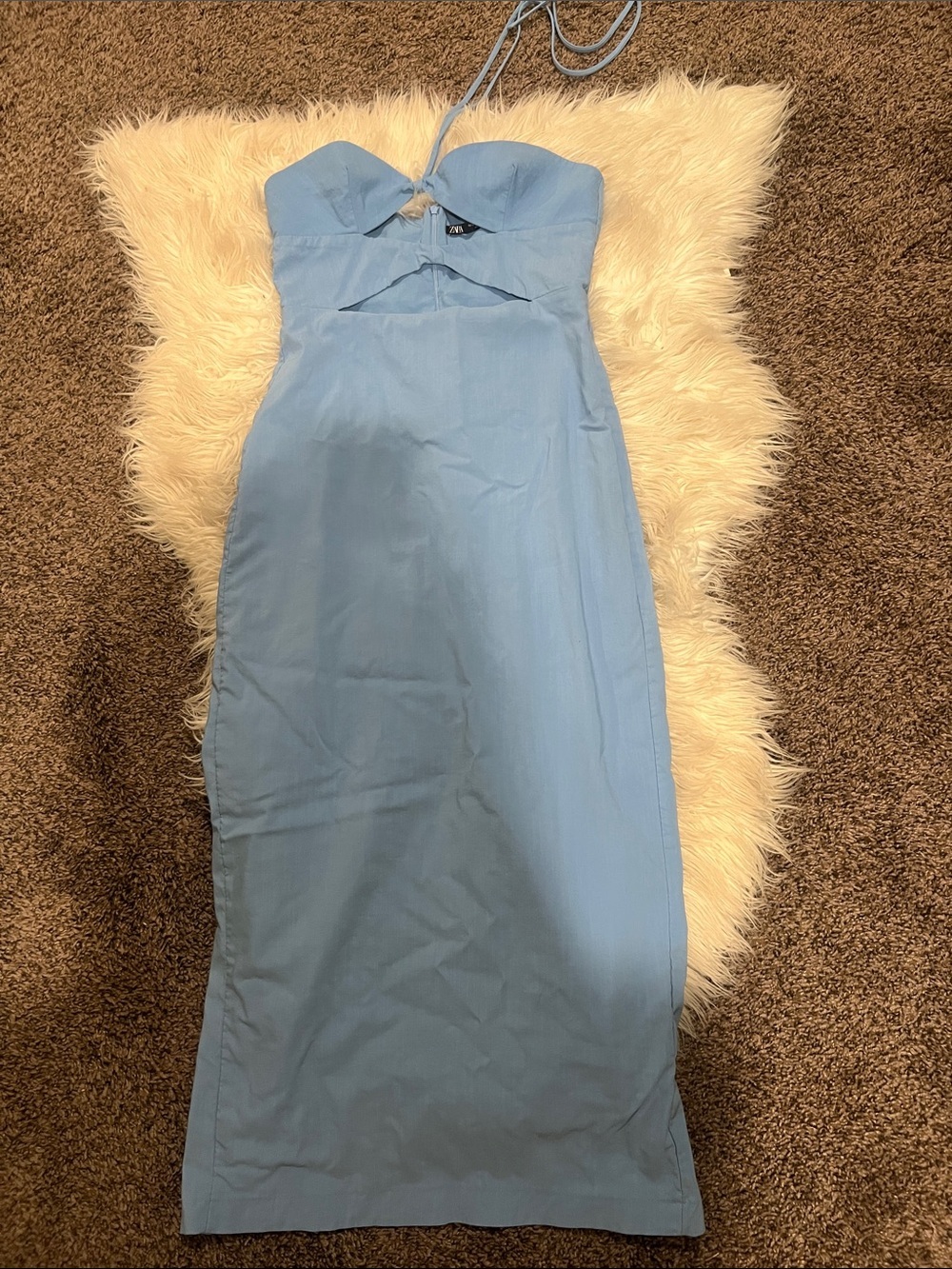 Zara Sky Blue Strapless Midi Dress with Removable Halter